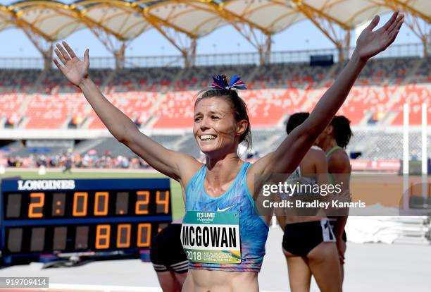 Brittany McGowan celebrates winning the final of the Women's 800m event during the Australian Athletics Championships & Nomination Trials at Carrara...