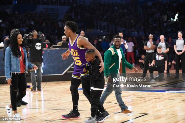 Player Donovan Mitchell of the Utah Jazz with Kevin Hart, Jordan Mitchell and Hendrix Hart during the 2018 State Farm All-Star Saturday Night at...