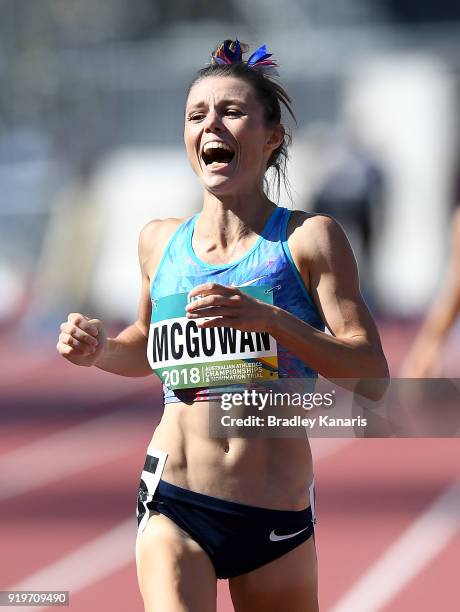 Brittany McGowan celebrates winning the final of the Women's 800m event during the Australian Athletics Championships & Nomination Trials at Carrara...