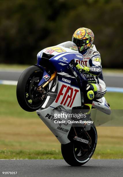 Valentino Rossi of Italy rides the Fiat Yamaha Team Yamaha during the warm up session prior to the Australian MotoGP, which is round 15 of the MotoGP...