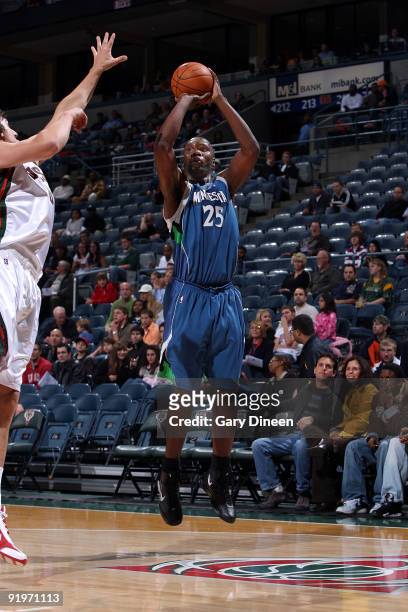Al Jefferson of the Minnesota Timberwolves shoots a jumpshot against Andrew Bogut of the Milwaukee Bucks on October 17, 2009 at the Bradley Center in...