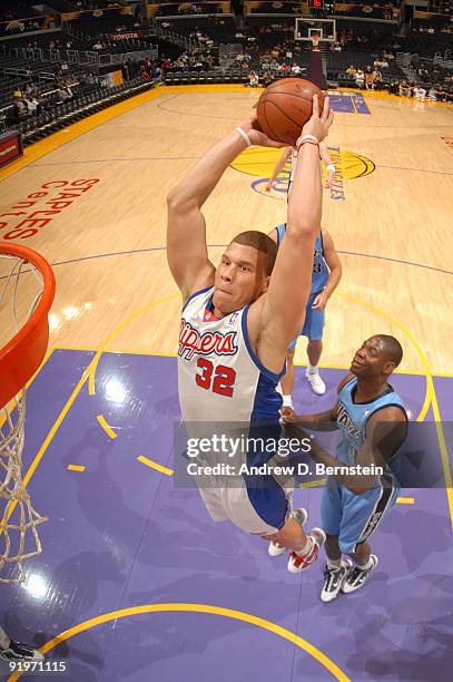 Blake Griffin of the Los Angeles Clippers goes up for a dunk against the Utah Jazz at Staples Center on October 17, 2009 in Los Angeles, California....