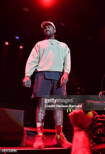 Kanye West onstage at adidas Creates 747 Warehouse St. - an event in basketball culture on February 17, 2018 in Los Angeles, California.