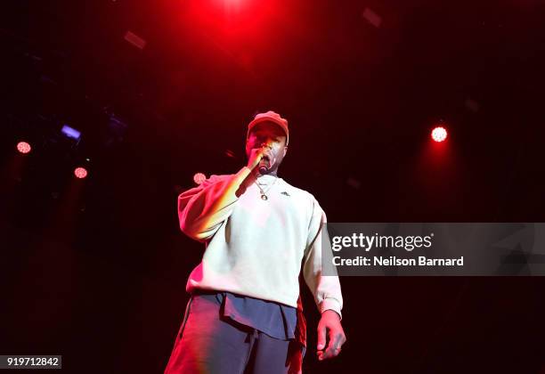 Kanye West onstage at adidas Creates 747 Warehouse St. - an event in basketball culture on February 17, 2018 in Los Angeles, California.