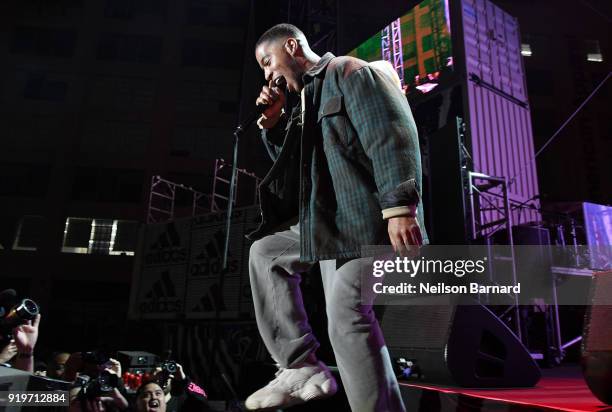 Kid Cudi performs onstage at adidas Creates 747 Warehouse St. - an event in basketball culture on February 17, 2018 in Los Angeles, California.