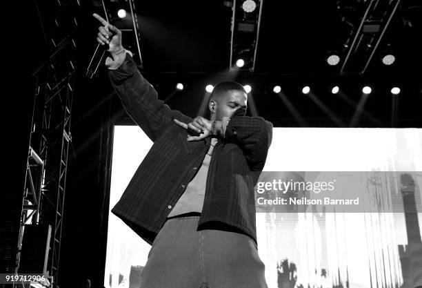 Kid Cudi performs onstage at adidas Creates 747 Warehouse St. - an event in basketball culture on February 17, 2018 in Los Angeles, California.