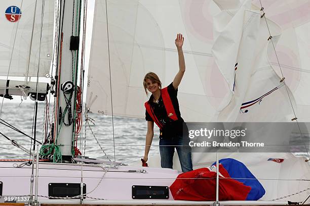 Year old teen solo sailor Jessica Watson sets sail on her yacht Ella's Pink Lady in Sydney Harbour on October 18, 2009 in Sydney, Australia. Watson...