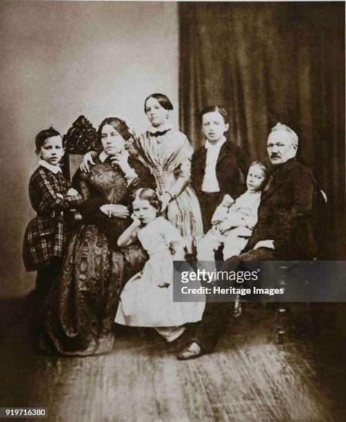The Tchaikovsky family. Left to right: Pyotr, Alexandra Andreyevna, Alexandra, Zinaida, Nikolai, Ippolit, Ilya Petrovich, 1848. Found in the...