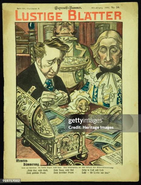 Twilight of the Coins. Caricature from Lustigen Blätter. Berlín. No 34 dedicated to the Bayreuth Festival, 1902. Found in the Collection of...