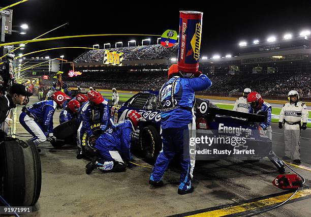 Juan Pablo Montoya, driver of the Lysol Chevrolet pits during the NASCAR Sprint Cup Series NASCAR Banking 500 at Lowe's Motor Speedway on October 17,...