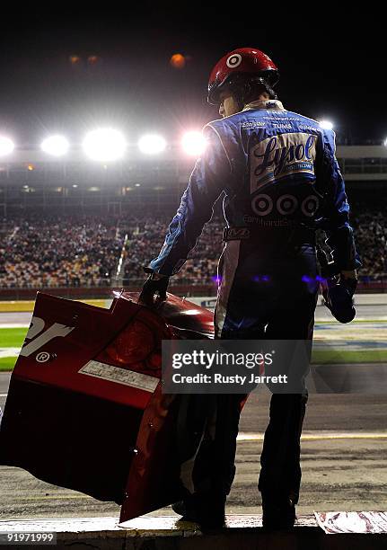 Member of the pit crew prepare to go over the wall to repair the Lysol Chevrolet driven by Juan Pablo Montoya during the NASCAR Sprint Cup Series...