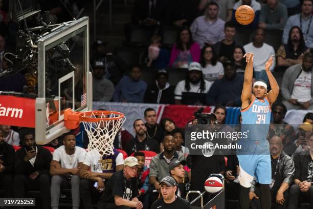 Tobias Harris of the Los Angeles Clippers competes in the JBL Three-Point Contest during State Farm All-Star Saturday Night, as part of All-Star...