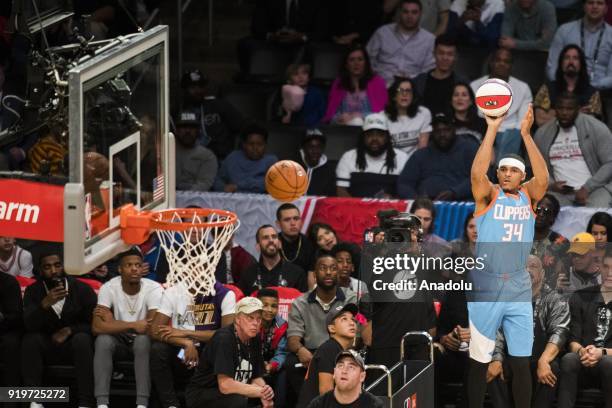 Tobias Harris of the Los Angeles Clippers competes in the JBL Three-Point Contest during State Farm All-Star Saturday Night, as part of All-Star...