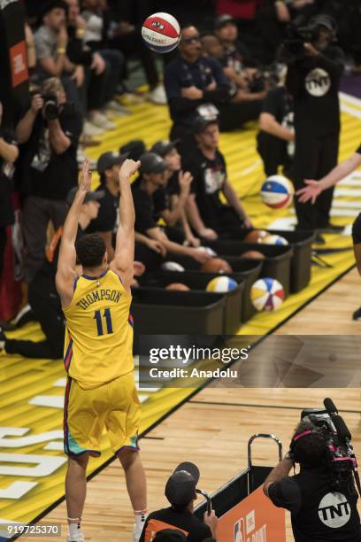 Klay Thompson of the Golden State Warriors competes in the JBL Three-Point Contest during State Farm All-Star Saturday Night, as part of All-Star...