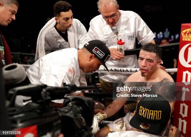 Brandon Rios is treated in his corner after losing a welterweight fight to Danny Garcia at the Mandalay Bay Events Center on February 17, 2018 in Las...