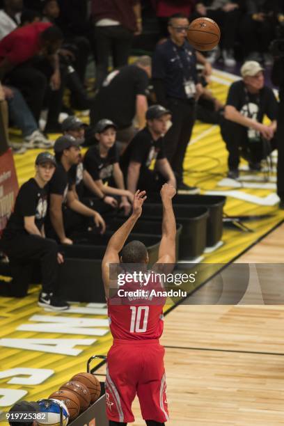 Eric Gordon of the Houston Rockets competes in the JBL Three-Point Contest during State Farm All-Star Saturday Night, as part of All-Star Weekend at...