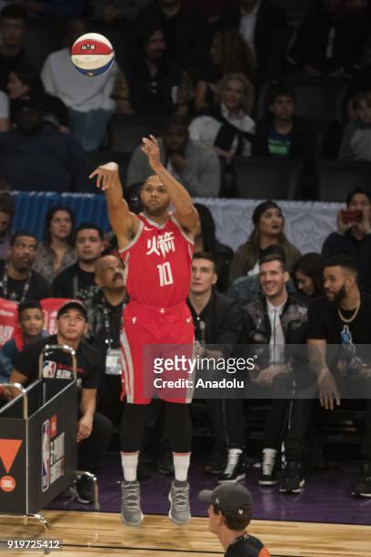 Eric Gordon of the Houston Rockets competes in the JBL Three-Point Contest during State Farm All-Star Saturday Night, as part of All-Star Weekend at...