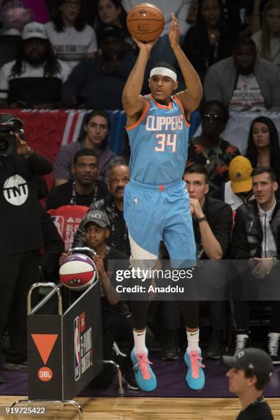 Tobias Harris of the Los Angeles Clippers competes in the JBL Three-Point Contest during State Farm All-Star Saturday Night, as part of All-Star...