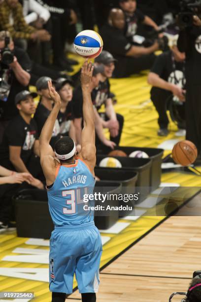 Tobias Harris of the Los Angeles Clippers competes in the JBL Three-Point Contest during State Farm All-Star Saturday Night, as part of All-Star...