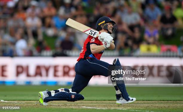 England batsman Eoin Morgan hits out during the International Twenty20 match between New Zealand and England at Seddon Park on February 18, 2018 in...