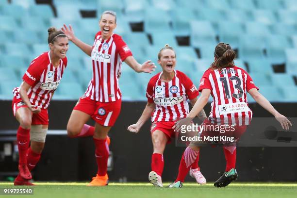 Jessica Fishlock of Melbourne City celebrates with team mates after scoring a goal during the W-League Grand Final match between Sydney FC and...