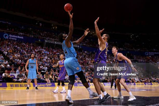 Rakeem Christmas of the Breakers shoots during the round 19 NBL match between the Sydney Kings and the New Zealand Breakers at Qudos Bank Arena on...