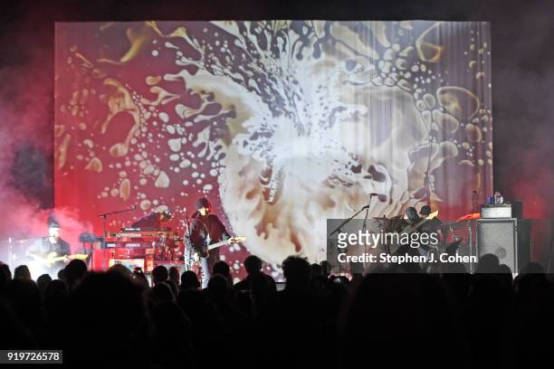 Eric Howk, Kyle O'Quin, John Gourley, Zachary Carothers, and Jason Sechrist of Portugal, The Man performs at The Louisville Palace on February 17,...
