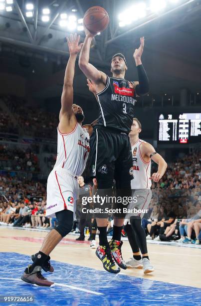 Josh Boone of Melbourne United drives to the basket during the round 19 NBL match between Melbourne United and the Illawarra Hawks at Hisense Arena...