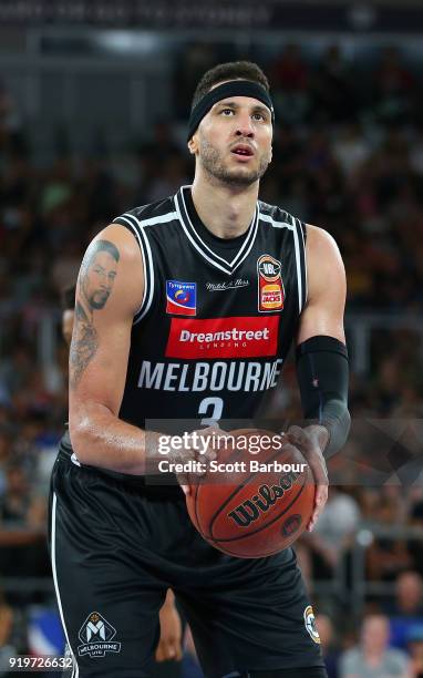 Josh Boone of Melbourne United shoots during the round 19 NBL match between Melbourne United and the Illawarra Hawks at Hisense Arena on February 18,...