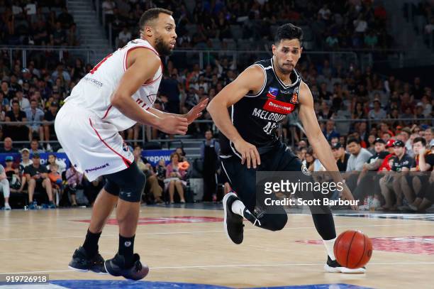Tai Wesley of Melbourne United controls the ball during the round 19 NBL match between Melbourne United and the Illawarra Hawks at Hisense Arena on...