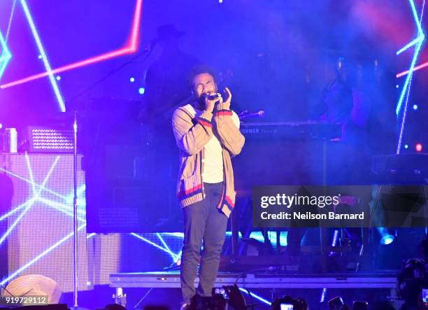 Childish Gambino performs onstage at adidas Creates 747 Warehouse St. - an event in basketball culture on February 17, 2018 in Los Angeles,...