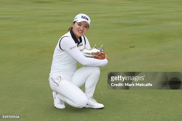 Jin Young Ko of South Korea poses with the trophy after winning the Women's Australian Open during day four of the ISPS Handa Australian Women's Open...