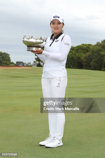 Jin Young Ko of South Korea poses with the trophy after winning the Women's Australian Open during day four of the ISPS Handa Australian Women's Open...