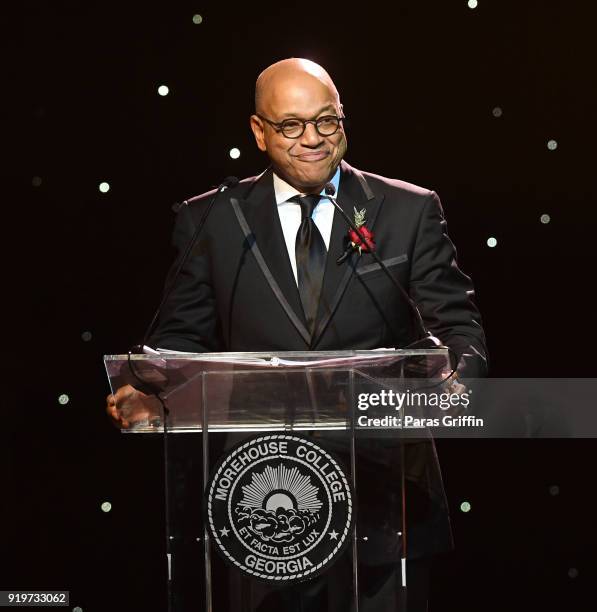 Morehouse president David A. Thomas speaks onstage at Morehouse College 30th Annual A Candle In The Dark Gala at The Hyatt Regency Atlanta on...