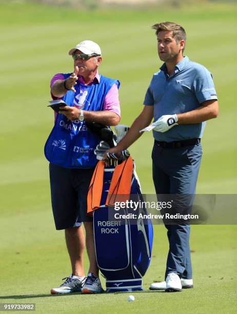 Robert Rock of England and his caddie Kyle Roadley during the final round of the NBO Oman Open at Al Mouj Golf on February 18, 2018 in Muscat, Oman.