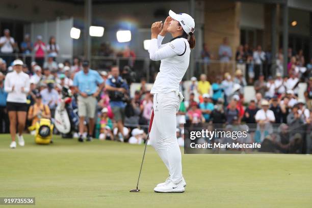 Jin Young Ko of South Korea celebrates winning the Women's Australian Open on the 18th green during day four of the ISPS Handa Australian Women's...