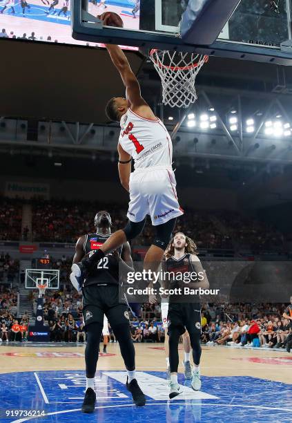 Demitrius Conger of the Hawks dunks the ball during the round 19 NBL match between Melbourne United and the Illawarra Hawks at Hisense Arena on...