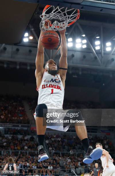 Demitrius Conger of the Hawks dunks the ball during the round 19 NBL match between Melbourne United and the Illawarra Hawks at Hisense Arena on...