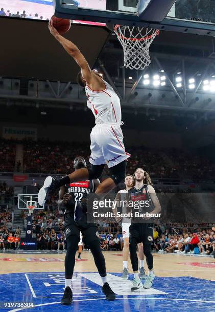 Demitrius Conger of the Hawks dunks the ball during the round 19 NBL match between Melbourne United and the Illawarra Hawks at Hisense Arena on...