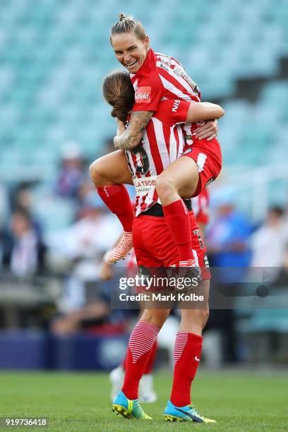 Amy Jackson and Jessica Fishlock of Melbourne City celebrates victory during the W-League Grand Final match betweenSydney FC and Melbourne City FC at...