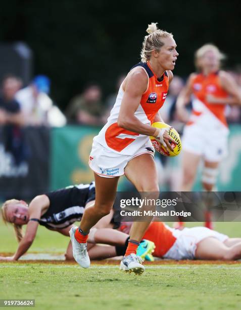 Elle Bennetts of GWS runs with the ball during the round three AFLW match between the Collingwood Magpies and the Greater Western Sydney Giants at...