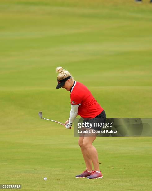 Charley Hull of England plays her second shot on the first hole during day four of the ISPS Handa Australian Women's Open at Kooyonga Golf Club on...