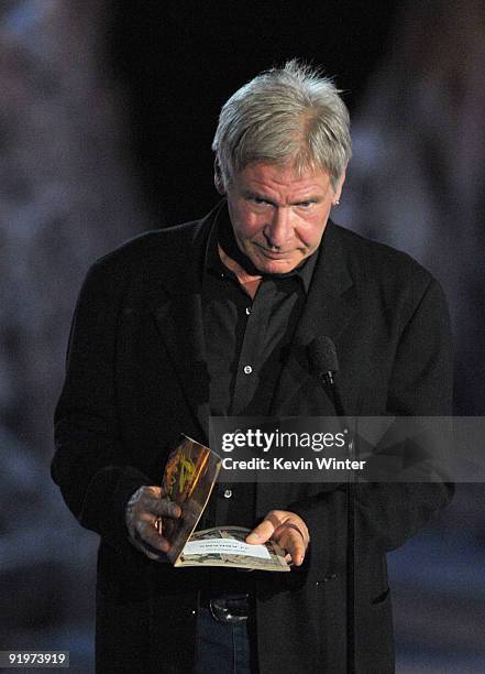 Actor Harrison Ford presents the Best Director award onstage during Spike TV's Scream 2009 held at the Greek Theatre on October 17, 2009 in Los...