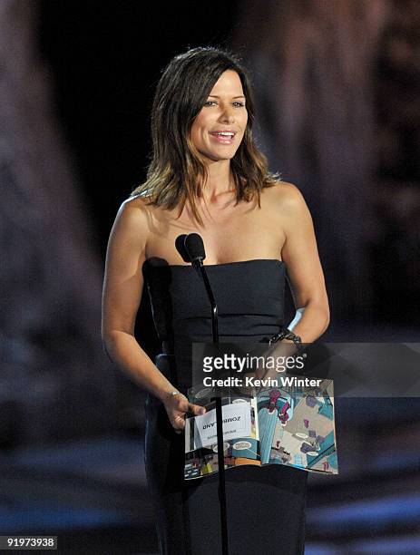 Actress Rhona Mitra presents the Breakout Movie award onstage during Spike TV's Scream 2009 held at the Greek Theatre on October 17, 2009 in Los...