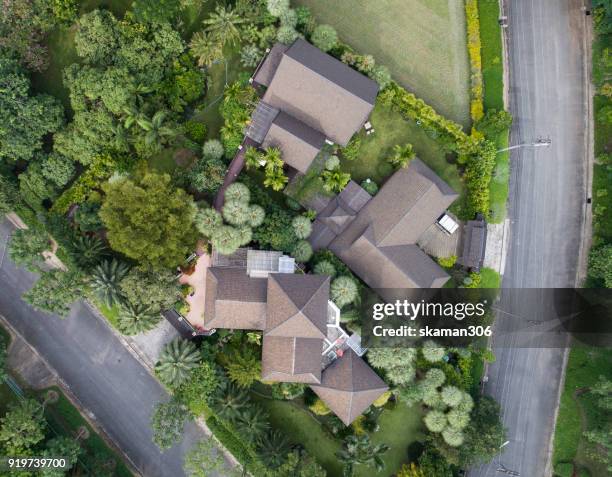 top view of house village from drone capture in the air house is darken roof top - small village countryside stock pictures, royalty-free photos & images