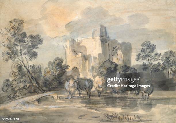 Landscape with a ruined Castle, and Cattle by a Pool, circa 1770s. Artist Thomas Gainsborough.