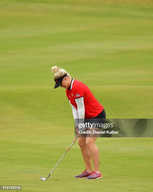 Charley Hull of England plays her second shot on the first hole during day four of the ISPS Handa Australian Women's Open at Kooyonga Golf Club on...