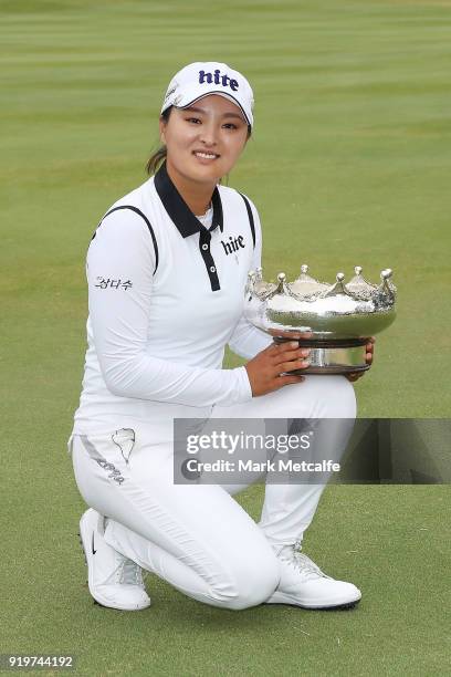 Jin Young Ko of South Korea poses with the trophy after winning the Women's Australian Open during day four of the ISPS Handa Australian Women's Open...