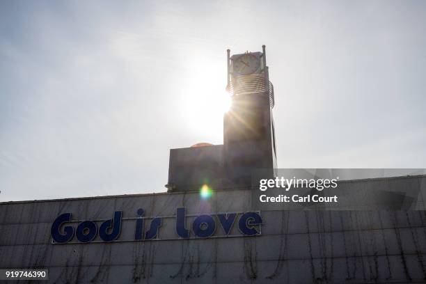 Sign reading 'God is Love' is displayed on Gangneung Jungang Methodist Church on February 18, 2018 in Gangneung, South Korea. Around thirty percent...