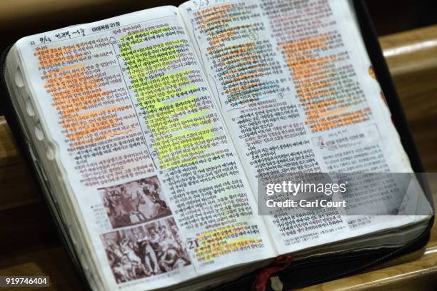 Passages are highlighted in a Korean language bible belonging to a worshipper attending Sunday Service at Gangneung Jungang Methodist Church on...